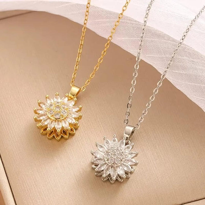 Set de Collar y Pendientes Girasol Plateado con Circonitas