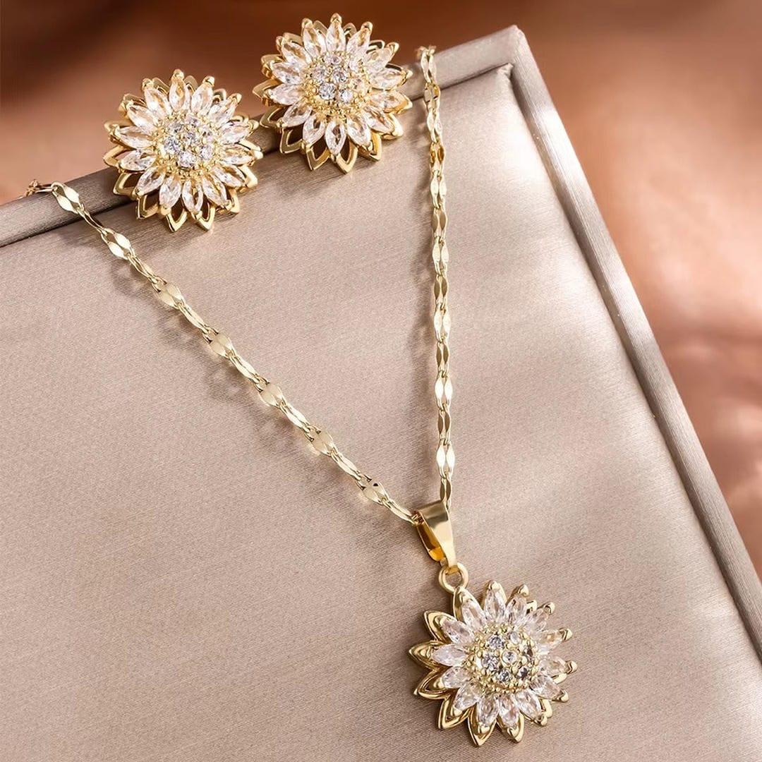 Set de Collar y Pendientes Girasol Plateado con Circonitas