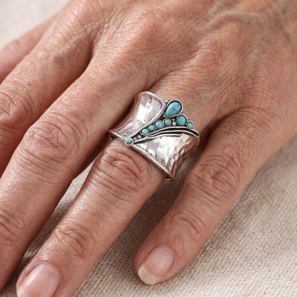Anillo Ancho Turquesa Martillado