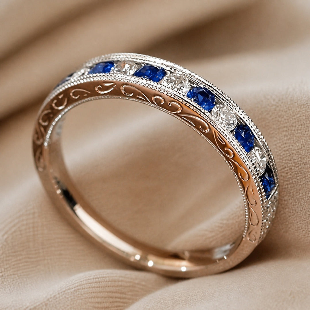 Anillo Banda Piedras Azules Oro Blanco