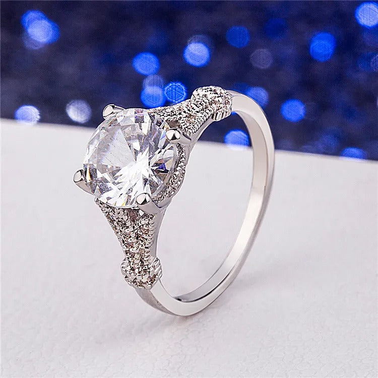 Anillo Cristal Blanco Plateado Vintage