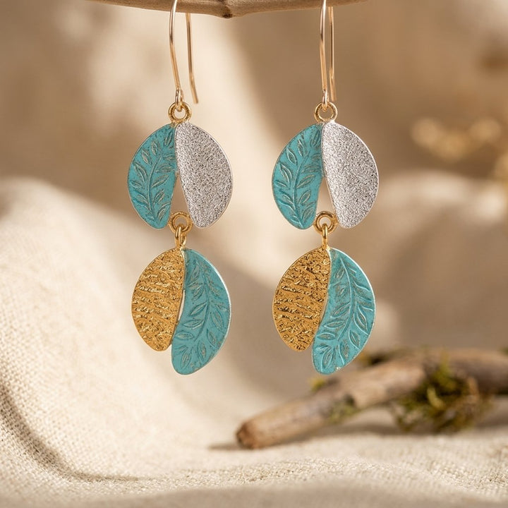 Pendientes Hojas Texturizadas Turquesa y Oro