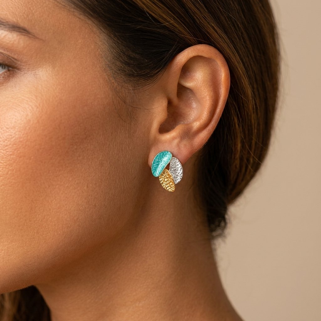 Pendientes Hojas Texturizadas Turquesa y Oro
