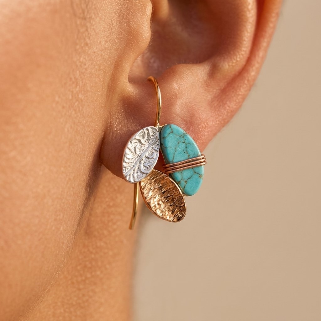 Pendientes Hojas Texturizadas Turquesa y Oro