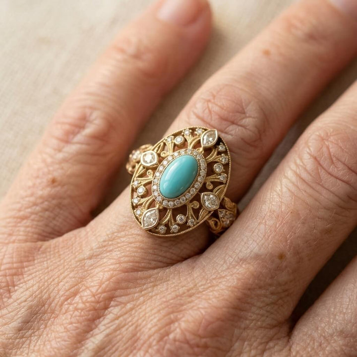 Anillo Ovalado Turquesa Filigrana