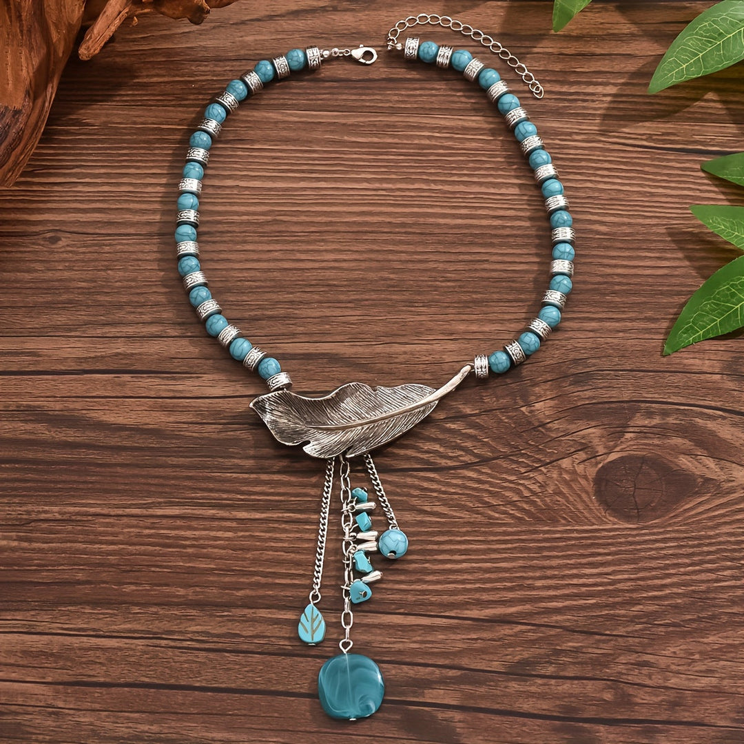 Collar Cuentas Turquesa con Hoja