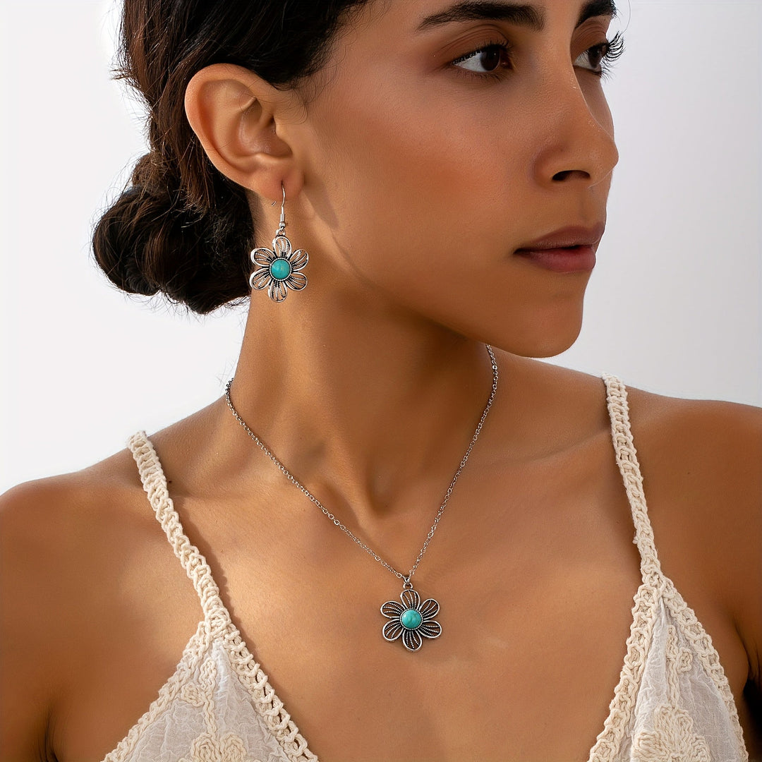 Conjunto Collar y Pendientes Flor Turquesa