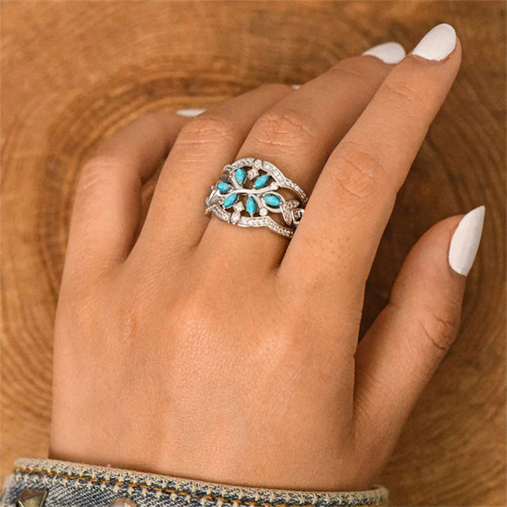 Anillo Flores y Hojas Turquesa Plateado