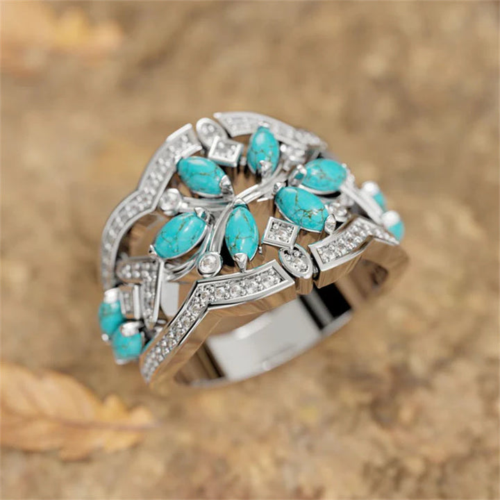 Anillo Flores y Hojas Turquesa Plateado