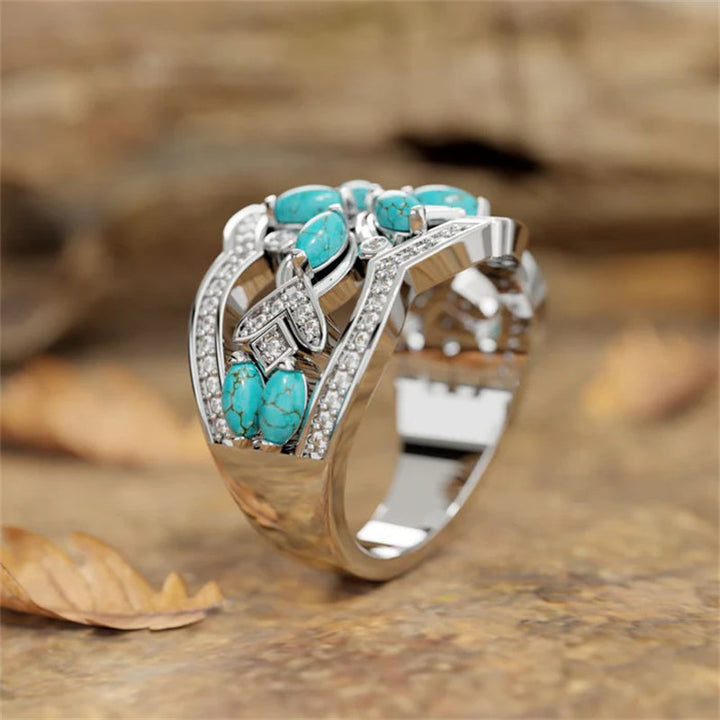 Anillo Flores y Hojas Turquesa Plateado