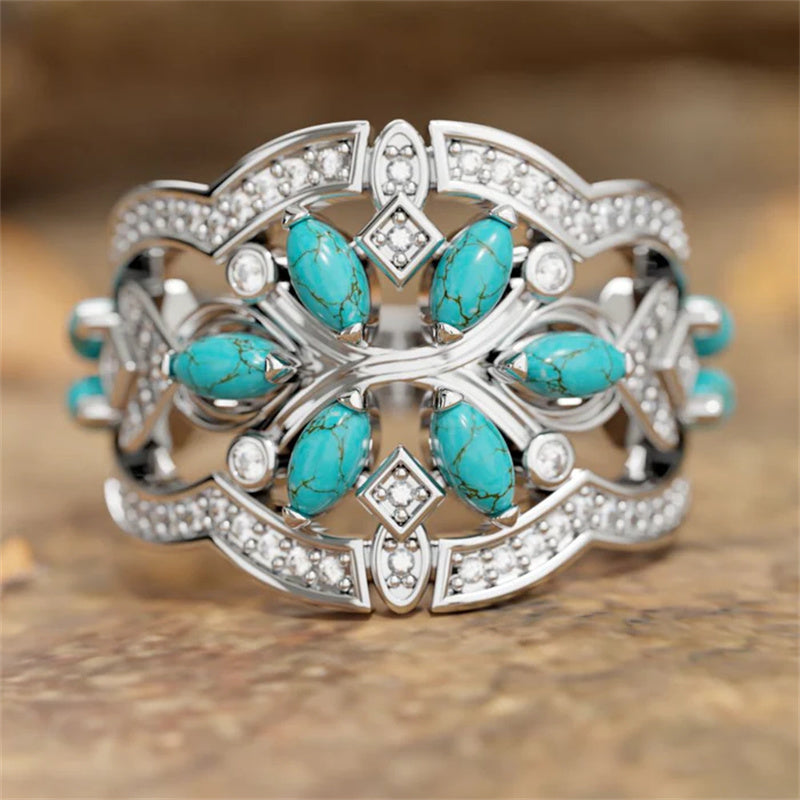 Anillo Flores y Hojas Turquesa Plateado