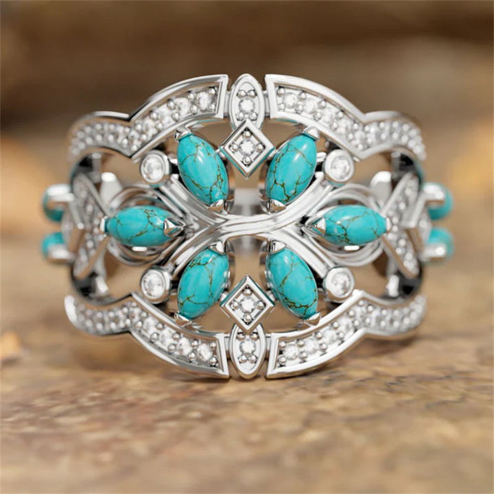 Anillo Flores y Hojas Turquesa Plateado