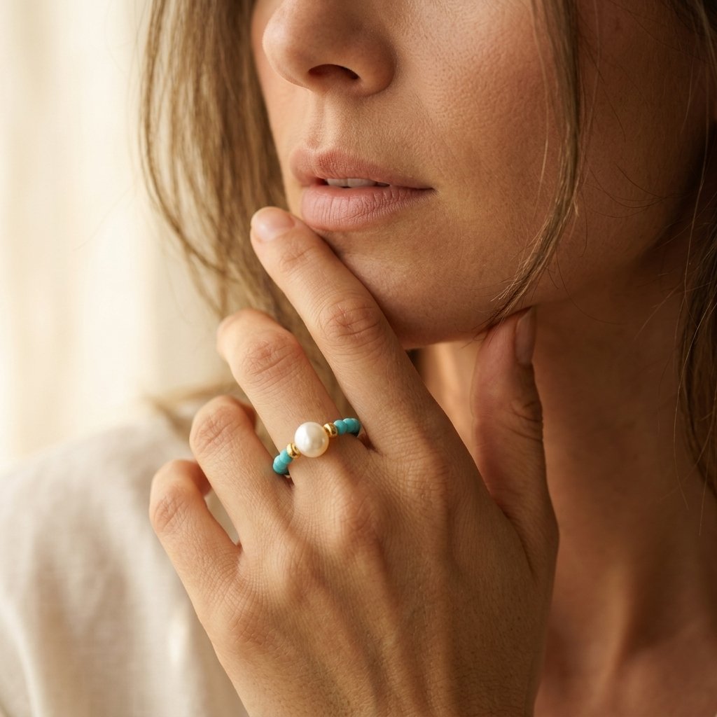 Anillo Perla y Cuentas Turquesa