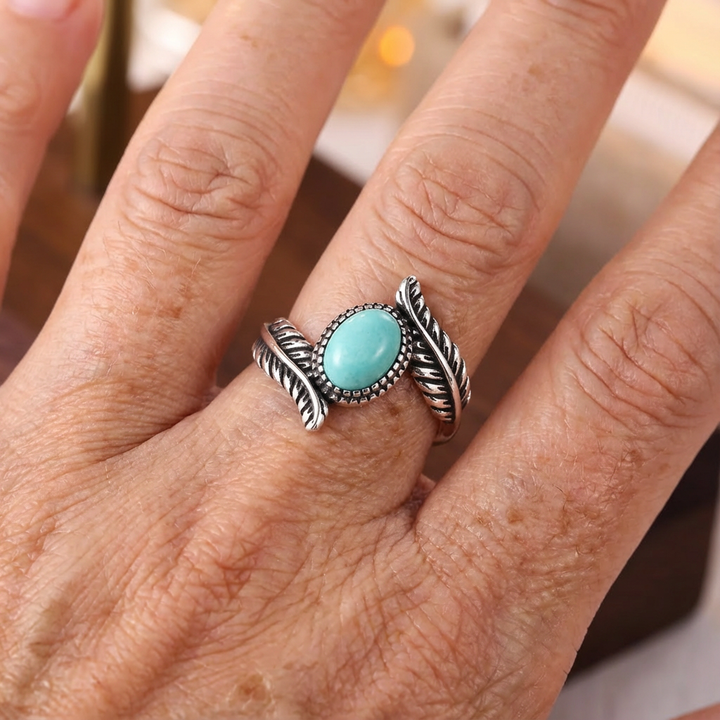 Anillo Hoja Turquesa Plateado Abierto