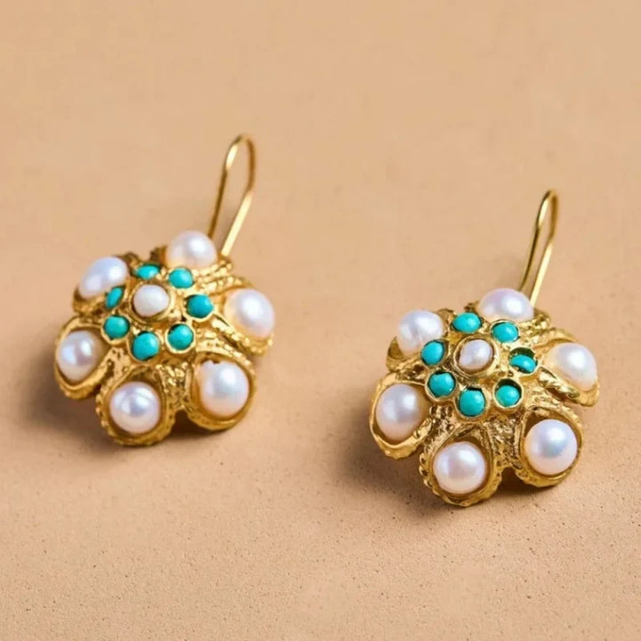 Pendientes Flor Perla Turquesa de Oro