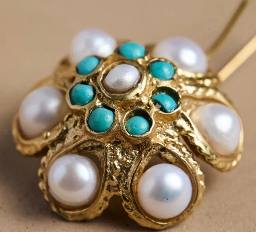 Pendientes Flor Perla Turquesa de Oro