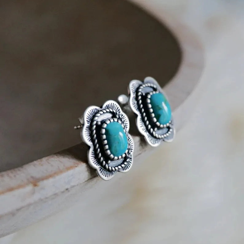 Pendientes Botón Turquesa Plateados Ovalados