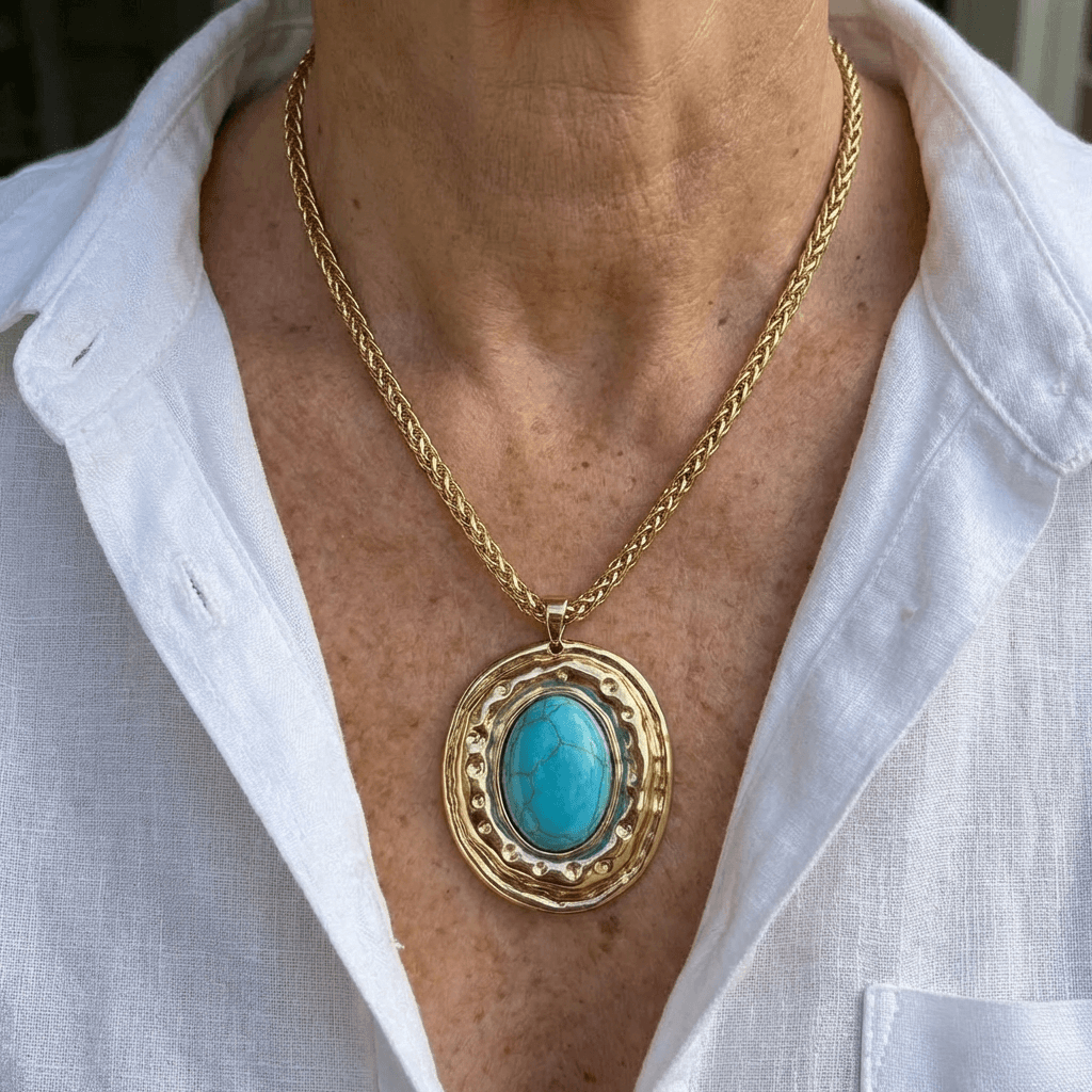 Collar Colgante Oval Turquesa de Oro