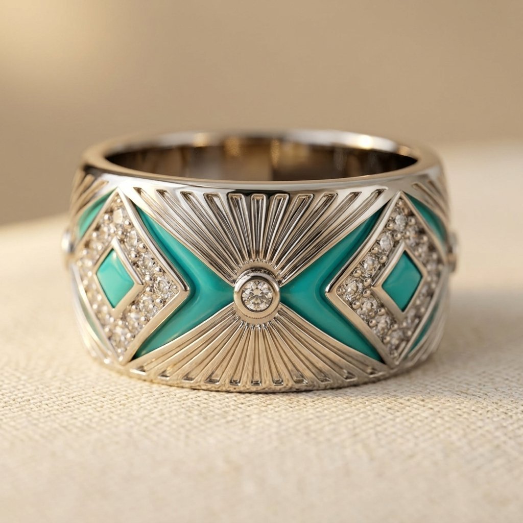 Anillo Ancho Turquesa Geométrico