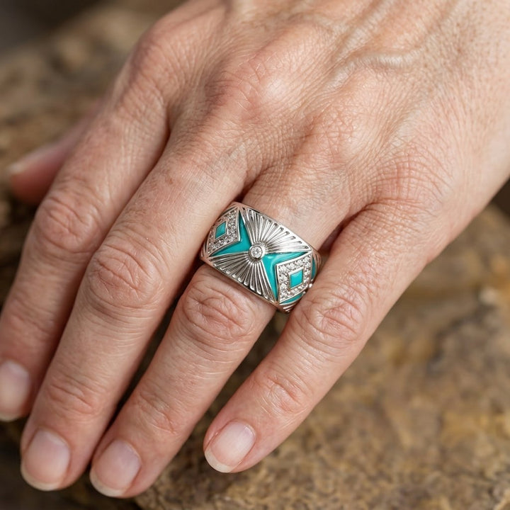 Anillo Ancho Turquesa Geométrico